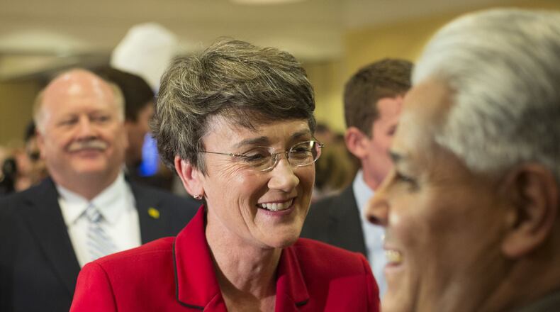 FILE - In this Nov. 6, 2012 file photo, Heather Wilson is seen in Albuquerque, N.M. President Donald Trump is planning to nominate the former New Mexico Rep. Heather Wilson as secretary of the Air Force. In confirmed, she would be the first Air Force Academy graduate to hold the position. (AP Photo/Jake Schoellkopf, File)