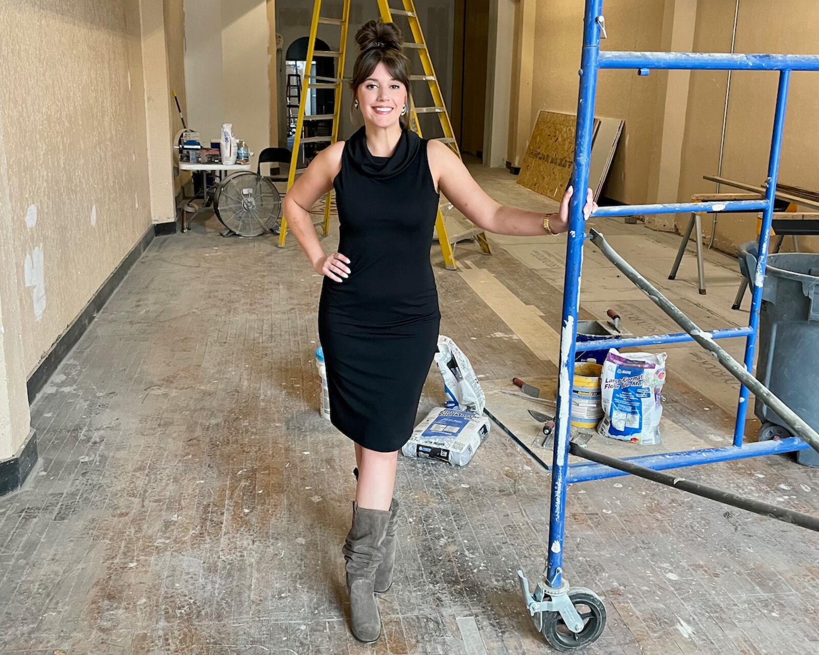 Lauren Gay looks glam while supervising the construction of her new wine bar, Joui, in the Fire Blocks District in downtown Dayton. It will open in the fall.