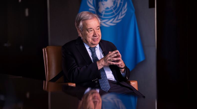 United Nations Secretary-General Antonio Guterres is interviewed by The Associated Press at the United Nations headquarters on Tuesday, July 22, 2025, in New York. (AP Photo/Adam Gray)