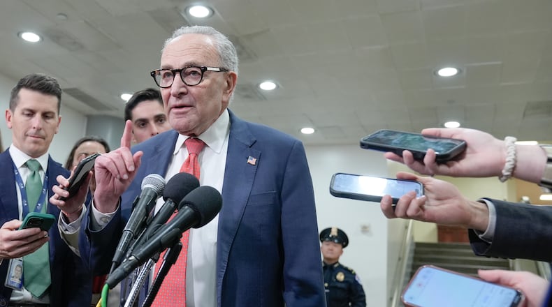 Sen. Minority Leader Chuck Schumer of N.Y., speaks with reporters at the Capitol Subway on the 36th day of the government shutdown, Wednesday, Nov. 5, 2025, in Washington. (AP Photo/Mariam Zuhaib)