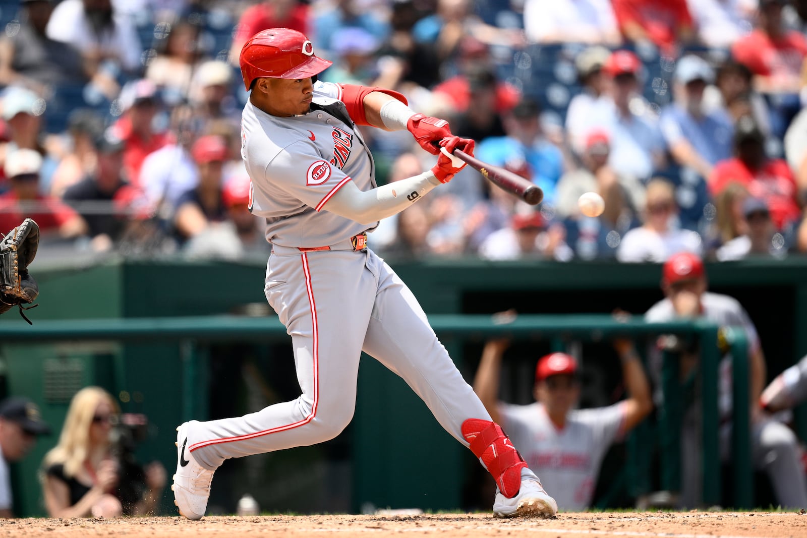 Cincinnati Reds' Noelvi Marte doubles in a run during the eighth inning of a baseball game against the Washington Nationals, Wednesday, July 23, 2025, in Washington. (AP Photo/Nick Wass)