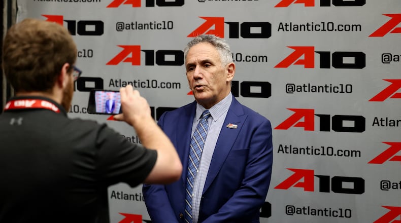 Duquesne coach Keith Dambrot does an interview at Atlantic 10 Conference Media Day on Thursday, Oct. 13, 2022, at the Barclays Center in Brooklyn, N.Y. David Jablonski/Staff