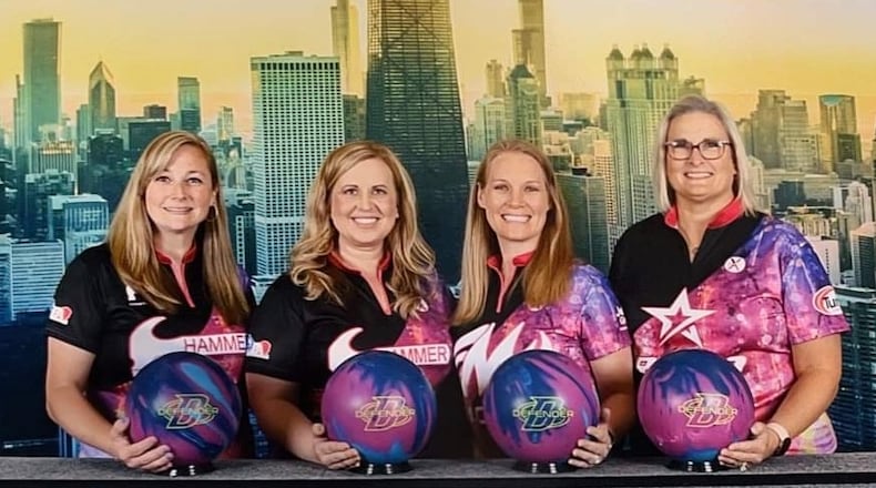 Jessica Hatcher (second from the right) joins her state champion teammates (l-r Andrea Behr, Rachael Delserone and Kari Graham) as a hall of fame bowler - Contributed