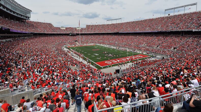COLUMBUS, OH - APRIL 18: A general view of Ohio Stadium as more than 99,000 fans packed in to watch the annual Ohio State Spring Game on April 18, 2015 in Columbus, Ohio. (Photo by Jamie Sabau/Getty Images)
