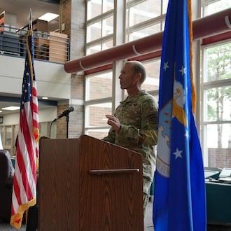 Col. Karl Seekamp, deputy commander of the Air Force Research Laboratory (AFRL), speaks at the D'Azzo Library 25th Anniversary event at the library on Wright-Patterson Air Force Base in August. (Air Force photo by Kenneth M McNulty)