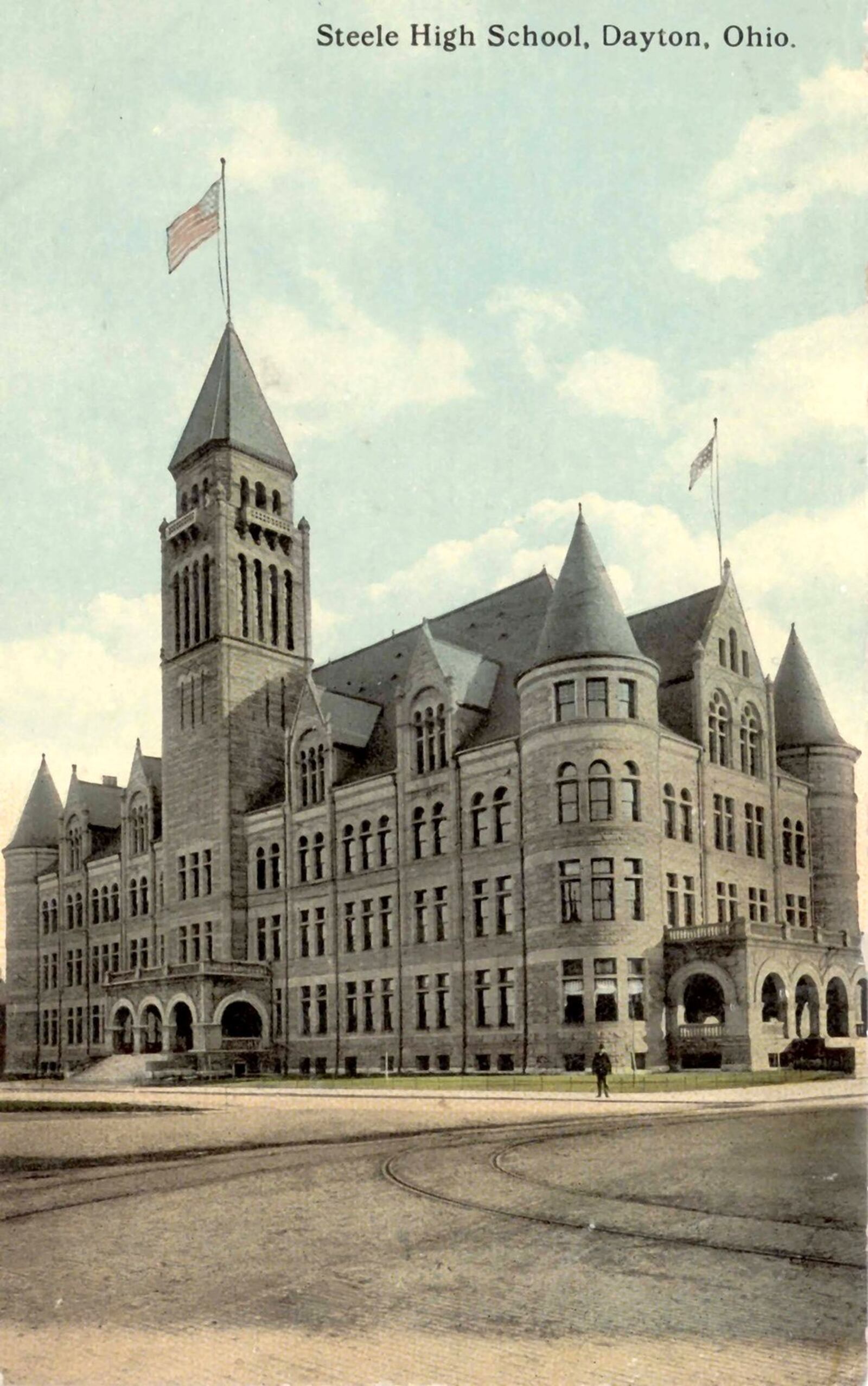Postcards documented the landmarks of the day that are no longer with us. Steele High School, topped by American flags, resembles a castle. DAYTON METRO LIBRARY