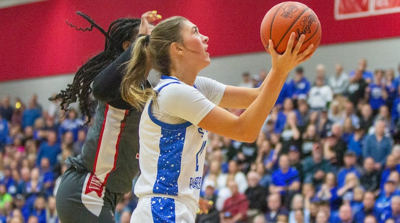 Springboro senior Bryn Martin gets to the basket for two of her 18 points during the Panthers' comeback in their state semifinal loss to Cincinnati Princeton on Sunday at Fairfield High School. Jeff Gilbert/CONTRIBUTED
