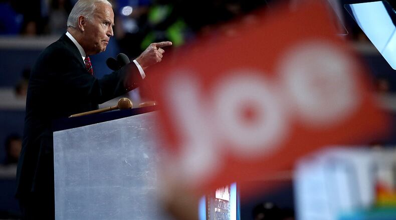 PHILADELPHIA, PA - JULY 27: US Vice President Joe Biden delivers remarks on the third day of the Democratic National Convention at the Wells Fargo Center, July 27, 2016 in Philadelphia, Pennsylvania. Democratic presidential candidate Hillary Clinton received the number of votes needed to secure the party's nomination. An estimated 50,000 people are expected in Philadelphia, including hundreds of protesters and members of the media. The four-day Democratic National Convention kicked off July 25. (Photo by Jessica Kourkounis/Getty Images)