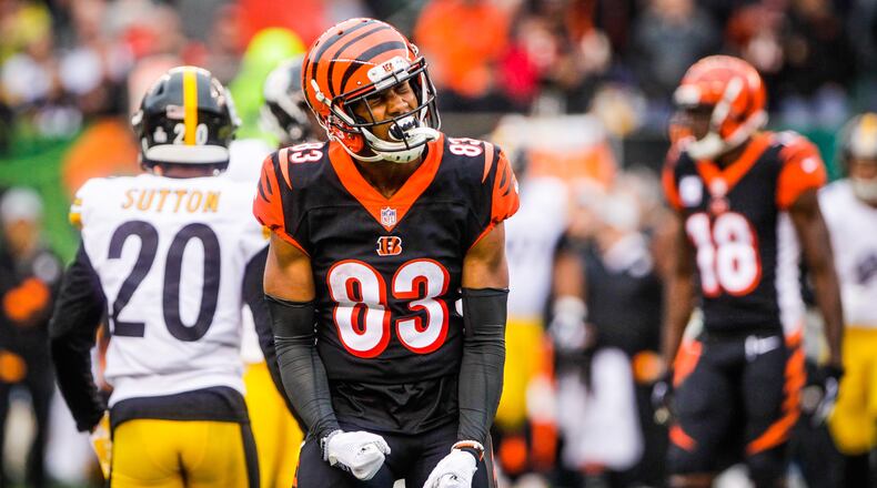 Cincinnati Bengals wide receiver Tyler Boyd celebrates a catch for a first down during their game against the Pittsburgh Steelers Sunday, Oct. 14 at Paul Brown Stadium in Cincinnati. The Steelers won 28-21. NICK GRAHAM/STAFF