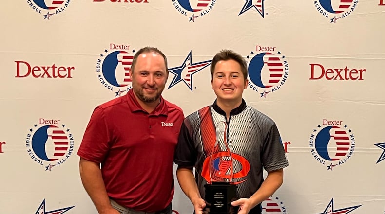 Centerville graduate Brendan Salo (right), pictured with with professional bowler Ronnie Russell, was recently named to the 2021-22 Dexter High School All-American Team - contributed