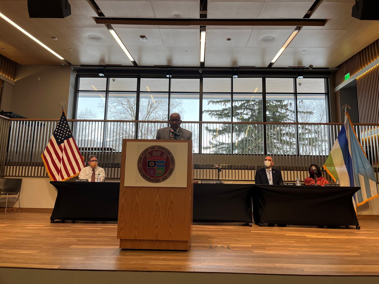 Dayton Mayor Jeffrey Mims Jr. gives his first State of the City address Wednesday morning at the Dayton Metro Library main facility. CORNELIUS FROLIK / STAFF