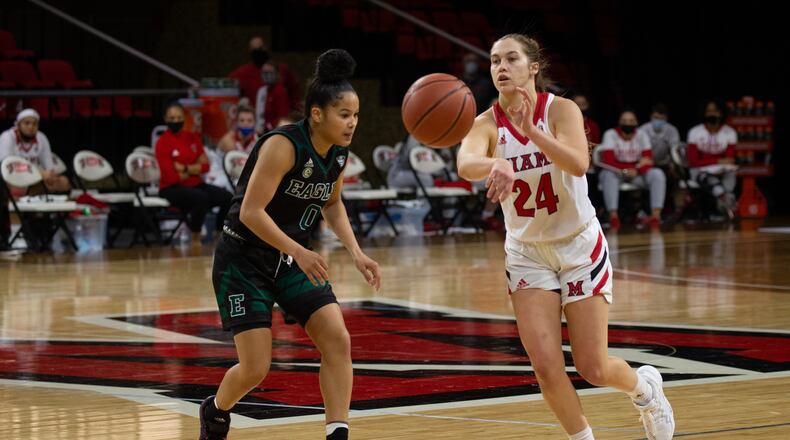 Miami women's basketball leading scorer Peyton Scott vs. Eastern Michigan. Miami University photo