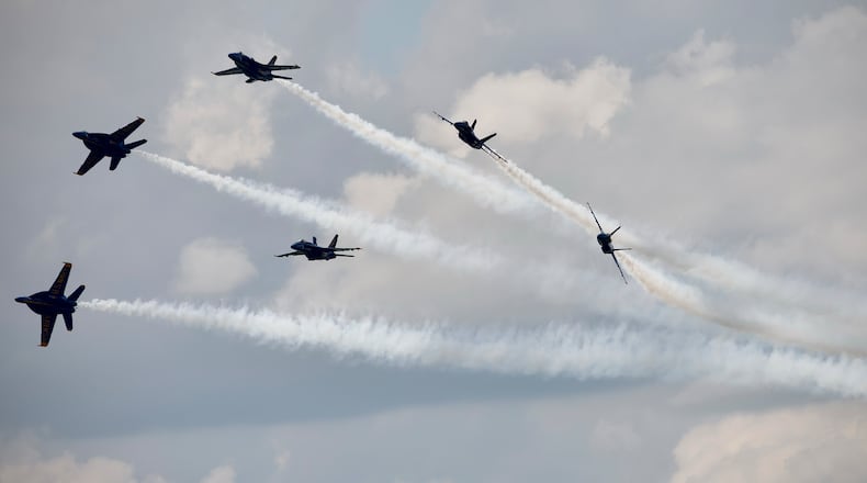 The U.S. Navy Blue Angels flight team performs at the Dayton Air Show on Sunday June 23, 2024. MARSHALL GORBY / STAFF