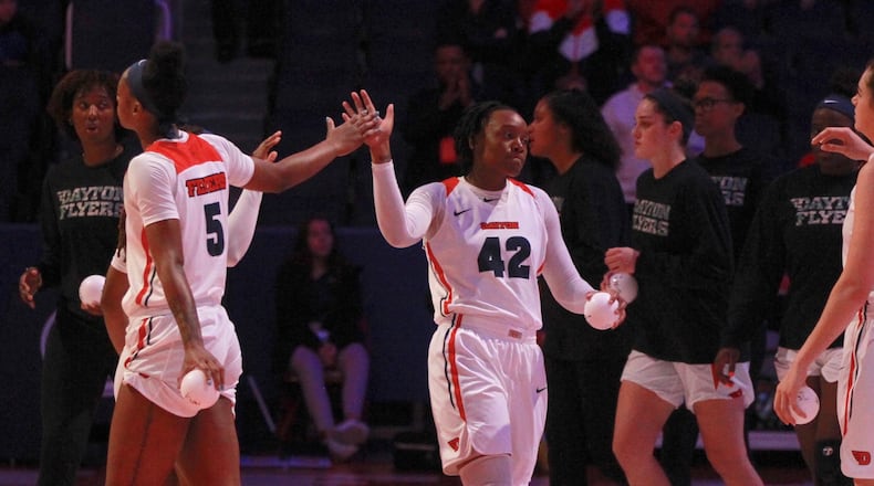 Dayton's Jayla Scaife is introduced before a game against South Carolina on Saturday, Nov. 13, 2019, at UD Arena.