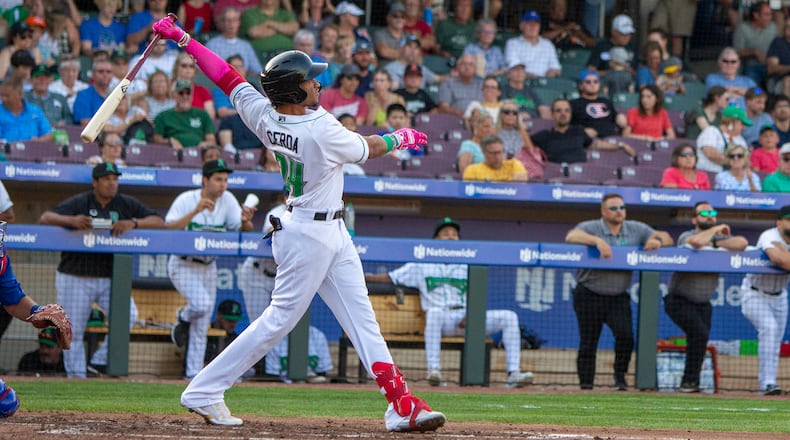 Allan Cerda watches his home run in the second inning at DayAir Ballpark on Tuesday, May 31, 2022. The homer hit off the scoreboard and traveled an estimated 450 feet. Photo by Jeff Gilbert