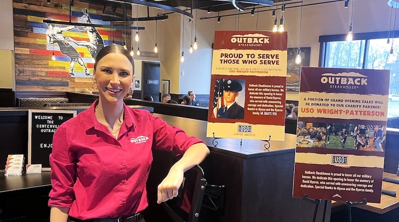 Alyssa Ryerse, the proprietor of Outback Steakhouse at 5181 Cornerstone North Blvd. in Centerville, stands inside the 4,694-square-foot eatery. The restaurant is donating $5,000 of proceeds from opening day sales Tuesday, March 12, 2024, to Wright-Patterson USO.
