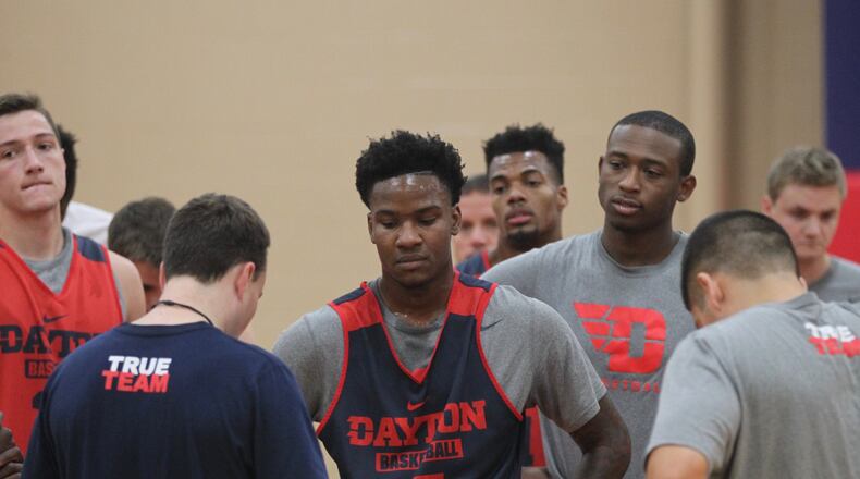 Archie Miller talks to the Flyers at the first practice. David Jablonski/Staff