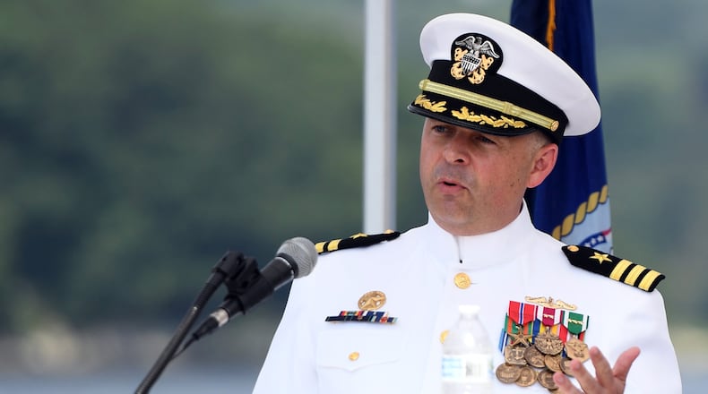 Commander Matthew Beach, a Springfield native, delivers remarks during a change-of-command ceremony for USS Hyman G. Rickover in Groton, Conn. Aug. 2. (U.S. Navy photo by Chief Petty Officer Joshua Karsten)