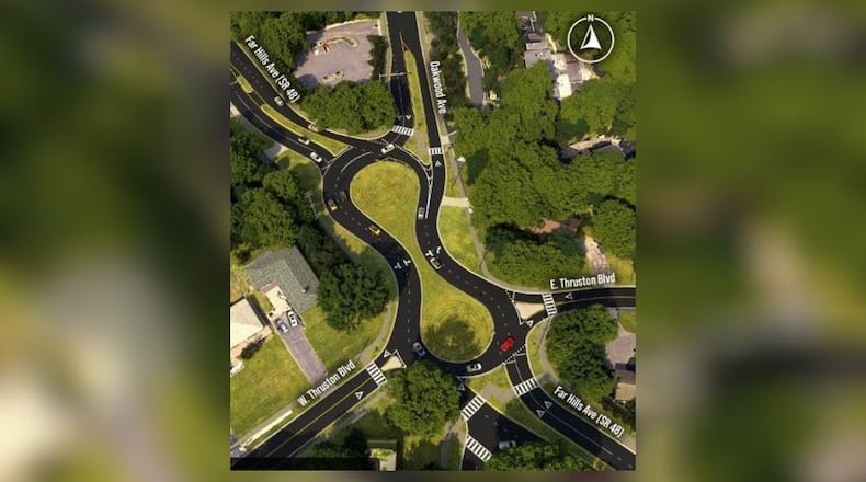 A conceptual illustration of a proposed Ohio 48 roundabout has been released by Oakwood as it prepares to hold public forums on the issue. CONTRIBUTED