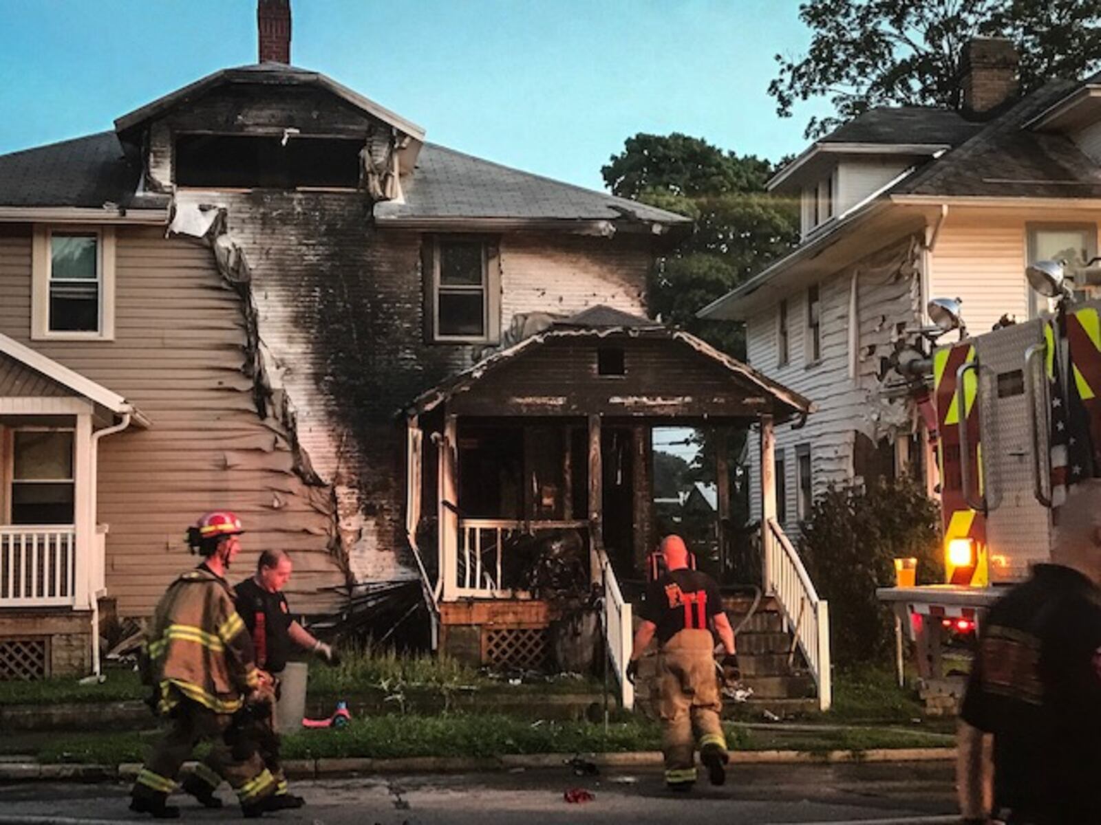 One person suffered burns and as many as five people have been displaced after a fire at this duplex on Maiden Lane in Springfield on Friday night, June 29, 2018. (Jim Noelker/Staff)