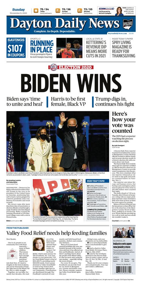2020 Biden wins Dayton Daily News front page