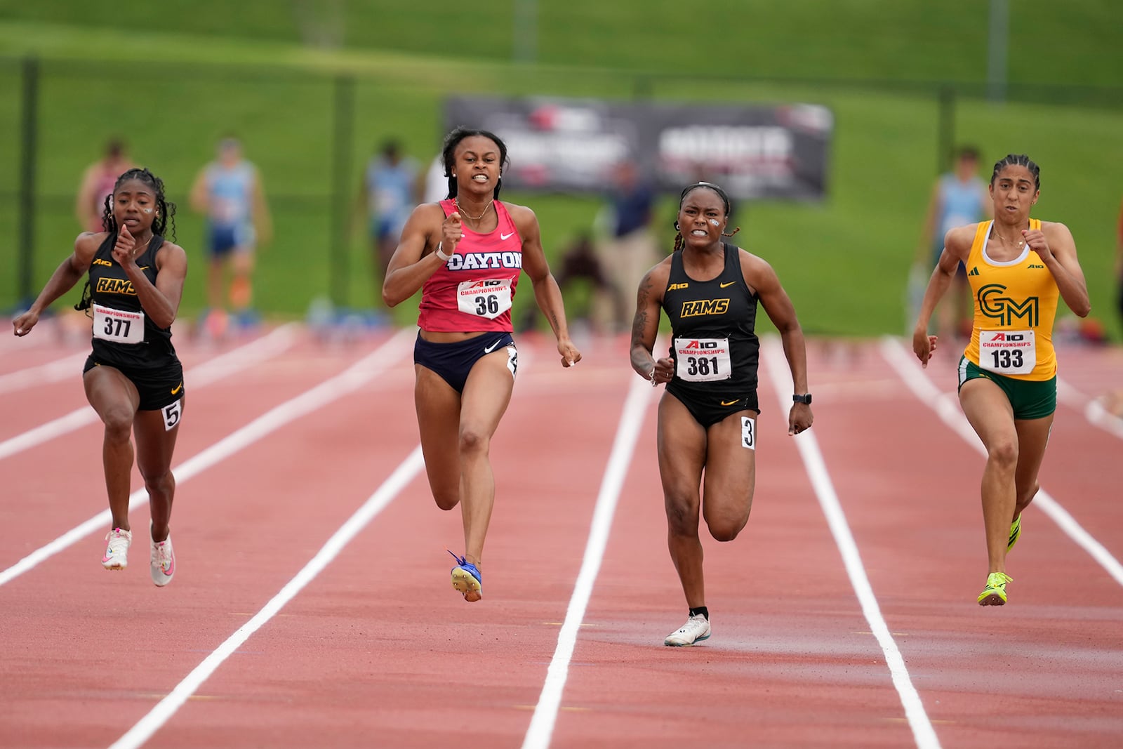 Dayton's Jadyn Haywood, second from left, races in the A-10 championship in 2025 at George Mason Stadium in Fairfax, Va. Photo courtesy of UD