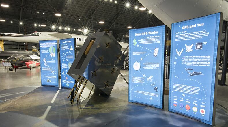 The new GPS exhibit, titled “Global Positioning System and its Impact!” occupies nearly 700 sq. ft. of floor space in the National Museum of the U.S. Air Force and takes the shape of a full-size current replica GPS satellite. Displayed on a large floor graphic of the Earth, the central satellite unit includes 8 interpretive panels where the satellite’s solar panels would be. (U.S. Air Force photo)