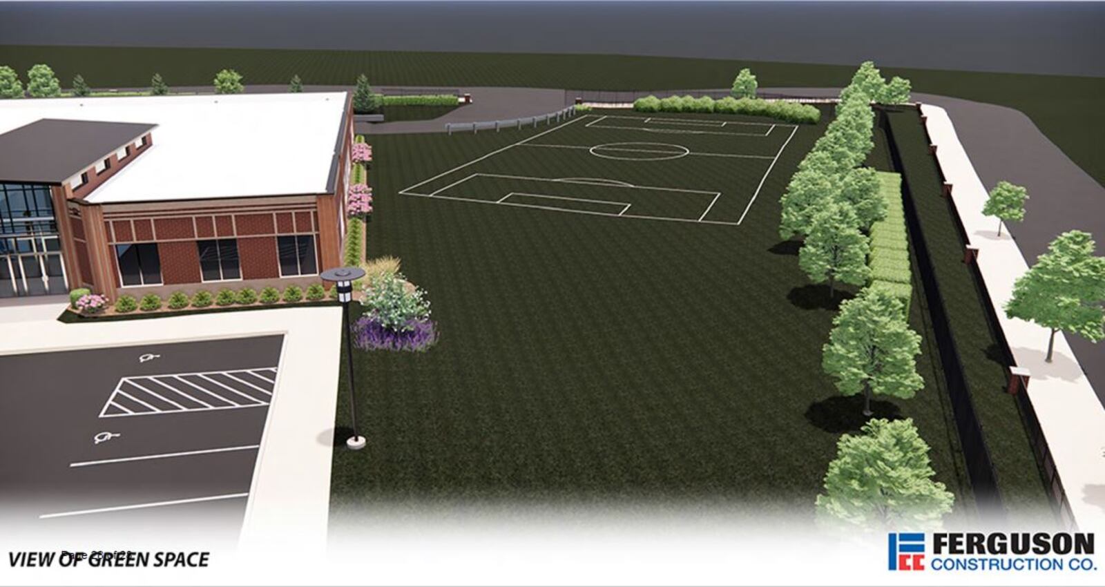 A concept rendering of proposed greenspace next to a new facility that would contain the YMCA of Greater Dayton, Premier Health and other organizations. CONTRIBUTED
