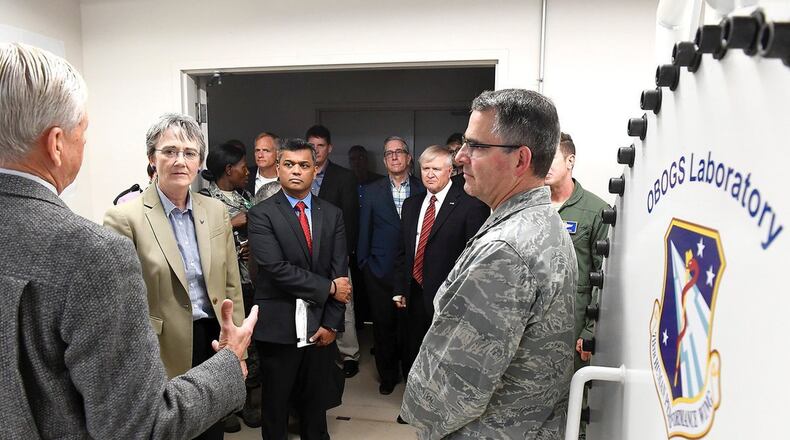 Air Force Secretary Heather Wilson at Wright-Patterson Air Force Base in 2017. At right is Air Force Research Laboratory Commander Maj. Gen. William Cooley. CONTRIBUTED