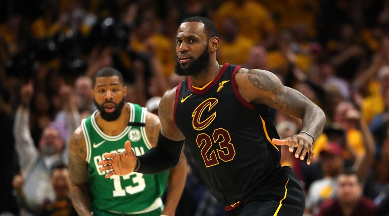 CLEVELAND, OH - MAY 21: LeBron James #23 of the Cleveland Cavaliers reacts after a play in the fourth quarter against the Boston Celtics during Game Four of the 2018 NBA Eastern Conference Finals at Quicken Loans Arena on May 21, 2018 in Cleveland, Ohio. NOTE TO USER: User expressly acknowledges and agrees that, by downloading and or using this photograph, User is consenting to the terms and conditions of the Getty Images License Agreement. (Photo by Gregory Shamus/Getty Images)