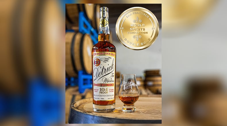 Detrick Straight Rye Whiskey from the Belle of Dayton distillery is the first straight rye whiskey to be distilled in Dayton since Prohibition. CONTRIBUTED