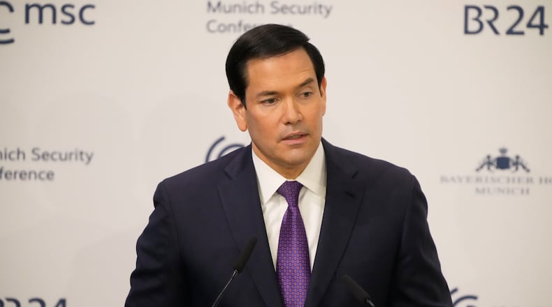 U.S. Secretary of State Marco Rubio speaks at the Munich Security Conference in Munich, Germany, Saturday, Feb. 14, 2026. (AP Photo/Alex Brandon, Pool)