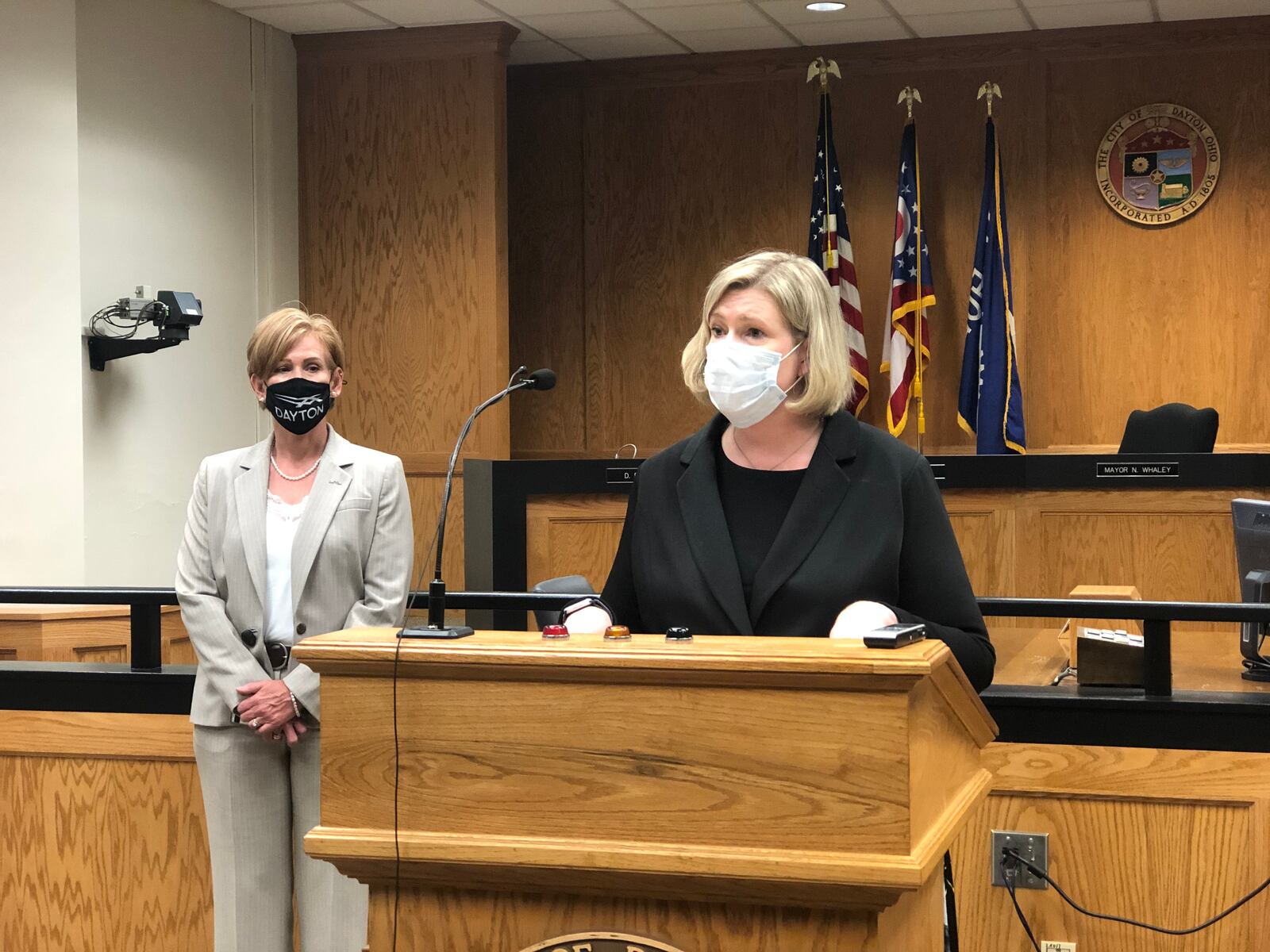 Dayton Mayor Nan Whaley and City Manager Shelley Dickstein speak at a press conference. CORNELIUS FROLIK / STAFF
