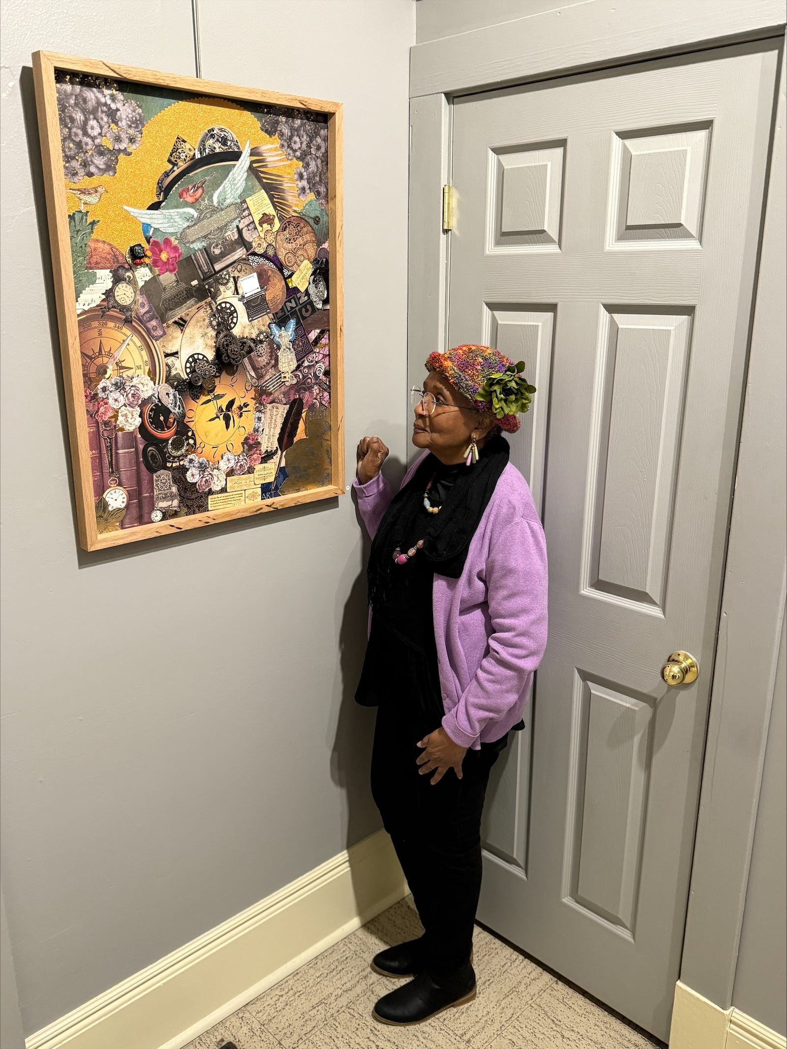 Lana Taylor, of Dayton, with her artwork now on display with the Dayton Society of Artists. Taylor is an artist-client at the nonprofit We Care Arts, located in Kettering. CONTRIBUTED