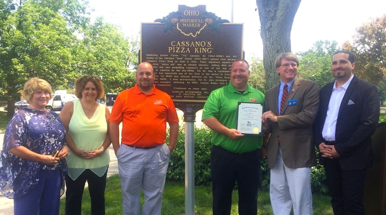 Sharon Cassano, Lora Hammons Cassano, Chip and Chris Cassano, Andy Verhoff and Ron Campbell. Cassano’s Pizza King was honored with a historical marker outside their headquarters in Kettering by the Ohio History Connection in 2016.