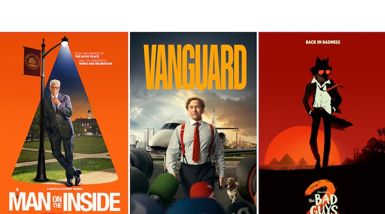 This combination of images shows promotional art for the series "Man on the Inside," left, the series "Vanguard," center, and the animated film "The Bad Guys 2." (Netflix/Viaplay/DreamWorks Animation via AP)
