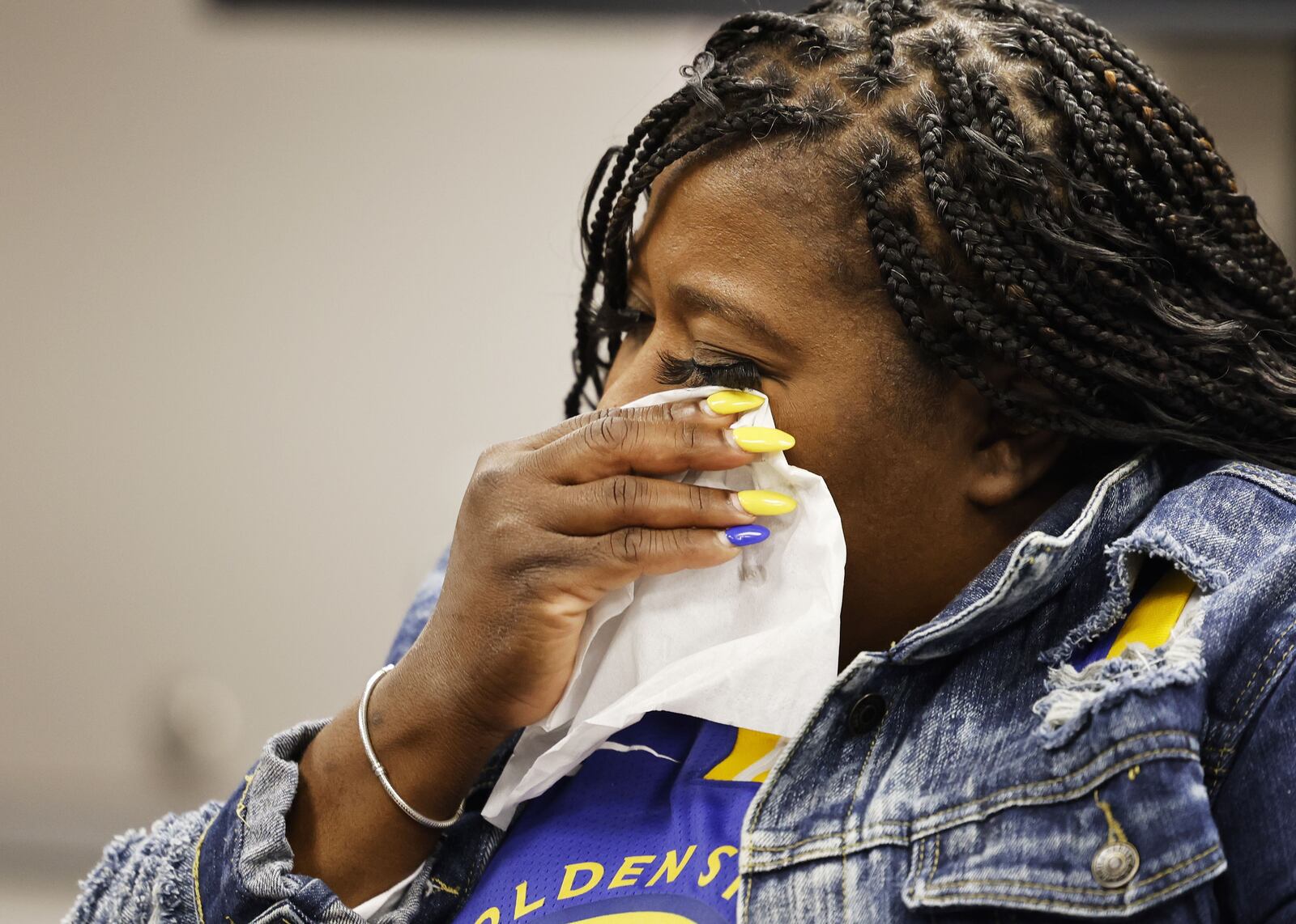 Nellie Bailey, the mother of Alfred Hale III, an 18-year-old Dunbar High School student who was killed on his way to school April 4, speaks to media about her son's death Tuesday, May 20, 2025 in Dayton. NICK GRAHAM/STAFF