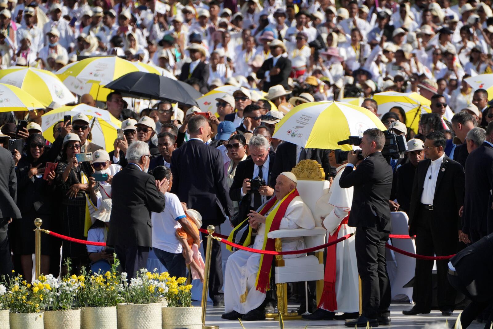 FILE - Pope Francis is seated before leading a holy mass at Tasitolu park in Dili, East Timor, Tuesday, Sept. 10, 2024. (AP Photo/Firdia Lisnawati, file)