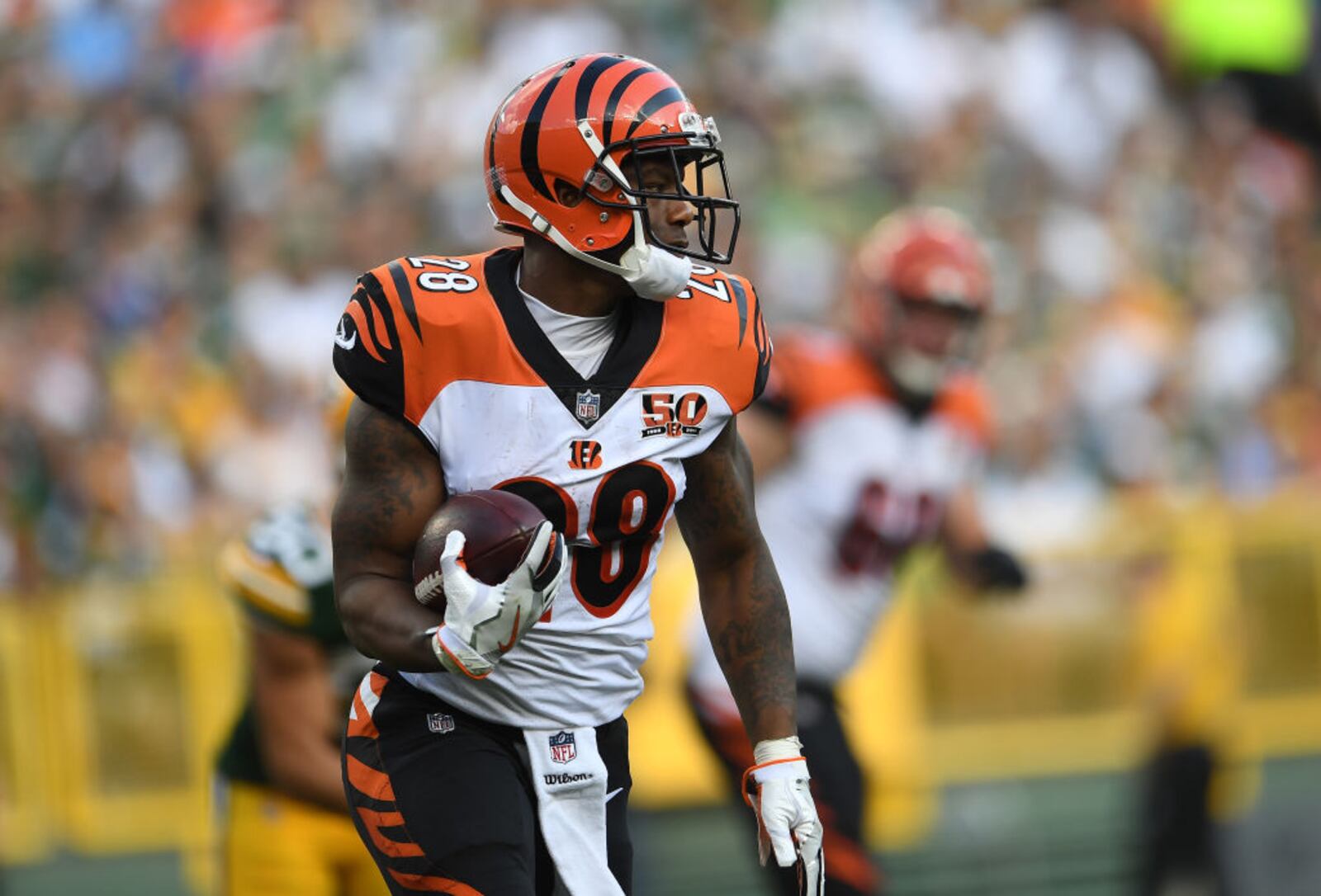 GREEN BAY, WI - SEPTEMBER 24:  Joe Mixon #28 of the Cincinnati Bengals carries the ball during the second quarter against the Green Bay Packers at Lambeau Field on September 24, 2017 in Green Bay, Wisconsin.  (Photo by Stacy Revere/Getty Images)