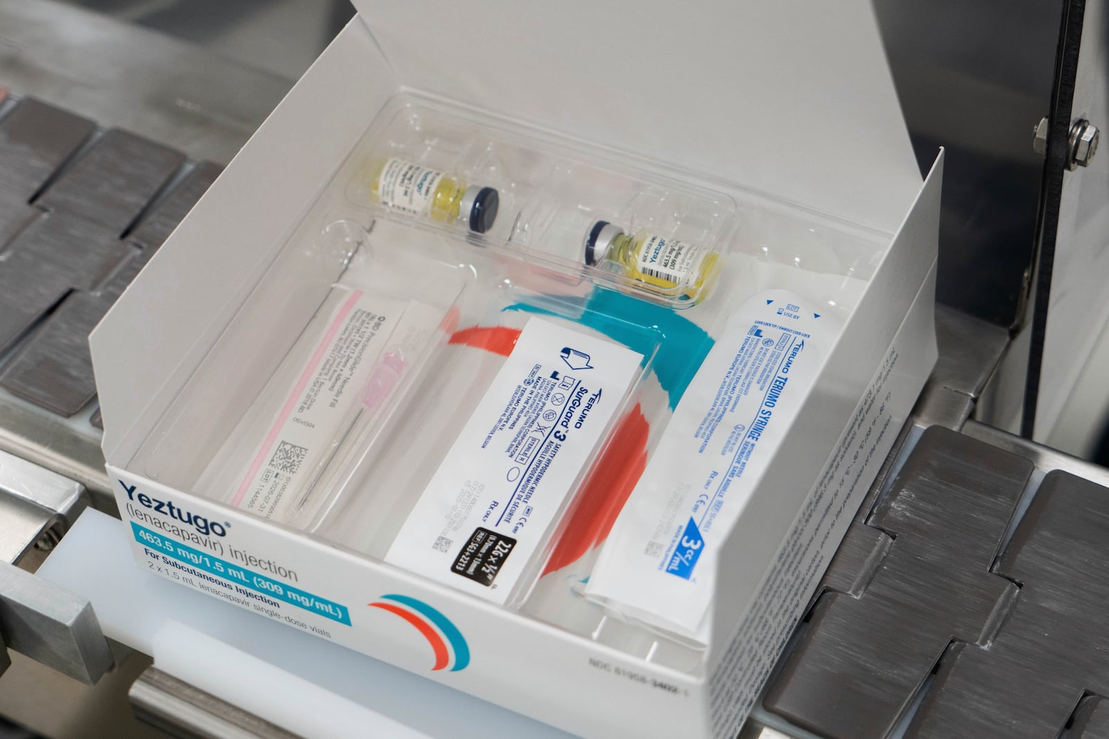 This photo provided by Gilead Sciences shows packaging for the company's HIV prevention medication, Yeztugo, (lenacapvir) at a manufacturing facility in La Verne, Calif., in June 2025. (Gilead Sciences via AP)