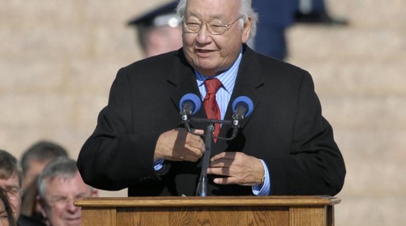 In this Monday, Jan. 8, 2007 photo, Pulitzer Prize-winning writer N. Scott Momaday recites a poem at the inauguration of Oklahoma Gov. Brad Henry at the State Capitol in Oklahoma City. Dayton Literary Peace Prize officials selected novelist, poet and essayist N. Scott Momaday for the Richard C. Holbrooke Distinguished Achievement Award.