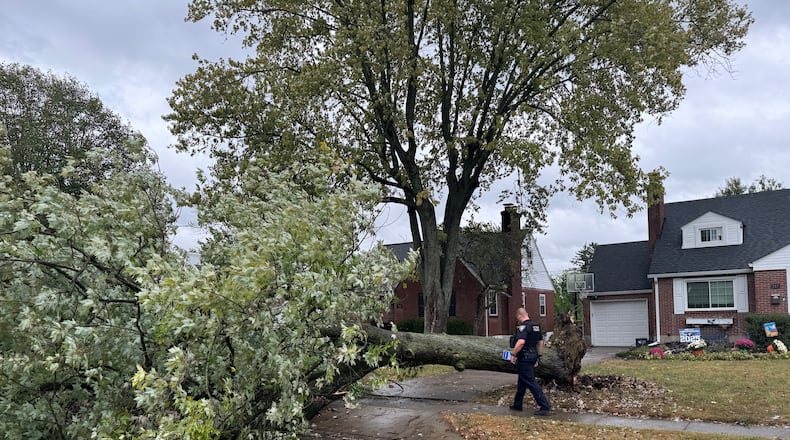 Strong winds from Hurricane Helene knocked down a tree in the 300 block of Lewiston in Kettering just after 2 p.m. Friday, Sept. 27, 2024. Photo courtesy Mark Fisher.