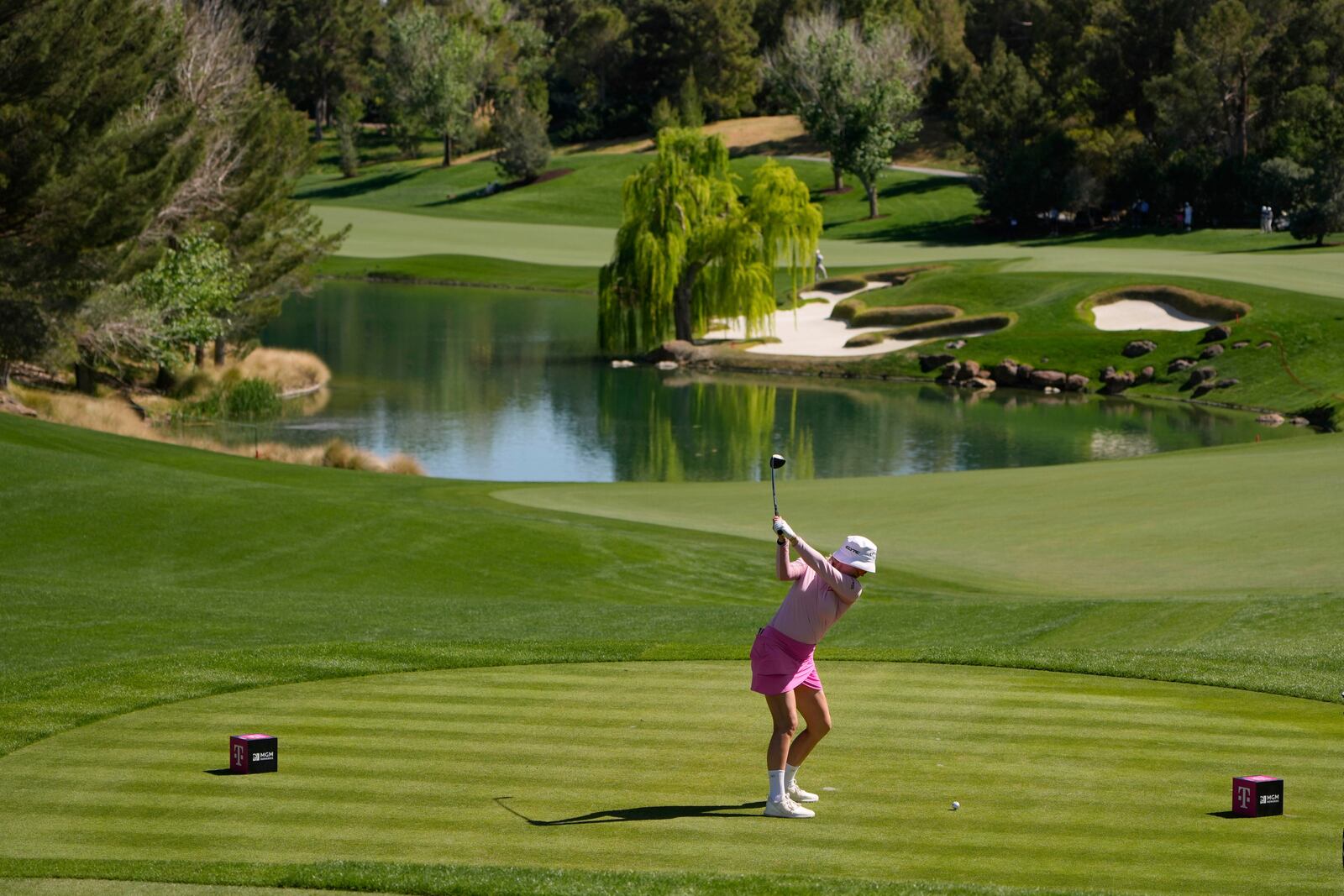 Madelene Sagstrom hits off the fourth tee during the final round of the LPGA T-Mobile Match Play golf tournament Sunday, April 6, 2025, in North Las Vegas, Nev. (AP Photo/John Locher)