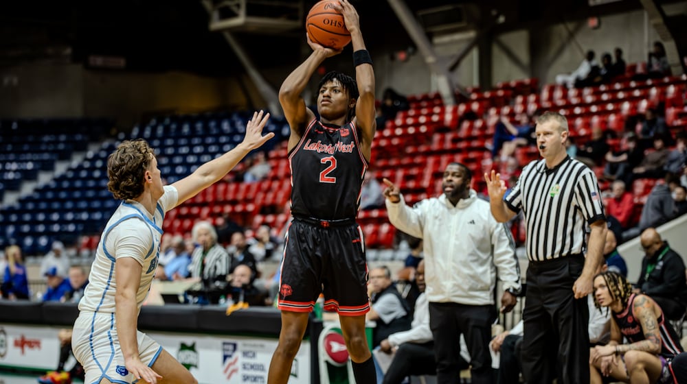 Lakota West junior Josh Tyson shoots the during their Division I regional semifinal game against Olentangy Berlin on Thursday, March 12, 2026 at the Ohio Expo Center's Taft Coliseum. The Firebirds won 55-35. MICHAEL COOPER / STAFF