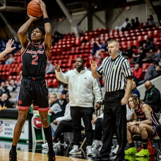 Lakota West junior Josh Tyson shoots the during their Division I regional semifinal game against Olentangy Berlin on Thursday, March 12, 2026 at the Ohio Expo Center's Taft Coliseum. The Firebirds won 55-35. MICHAEL COOPER / STAFF
