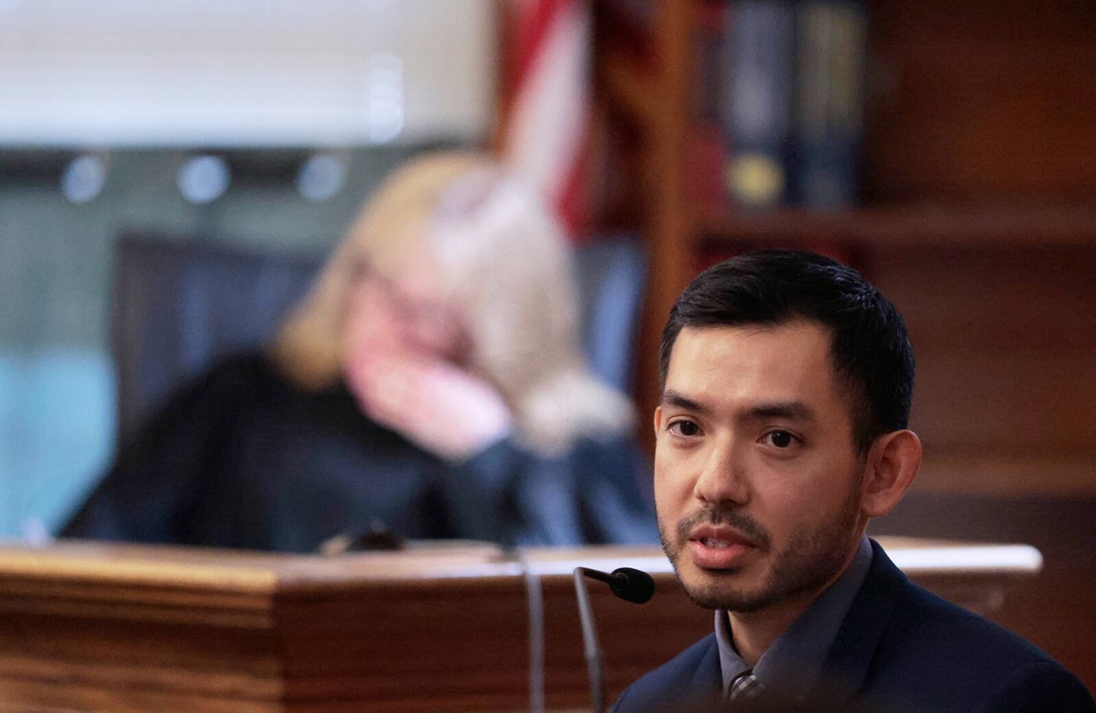 Karl Miyasako, of Bode Technology lab, testifies during the retrial of Karen Read in Norfolk Superior Court, Monday, May 19, 2025, in Dedham, Mass. (Pat Greenhouse/The Boston Globe via AP, Pool)