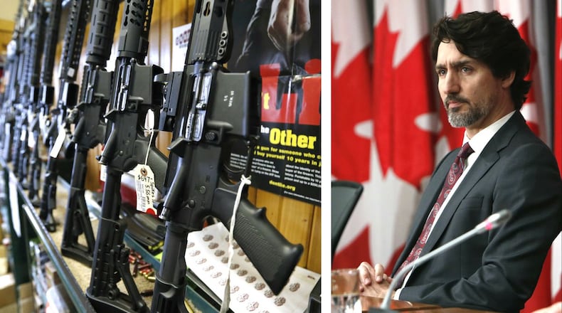 Canadian Prime Minister Justin Trudeau, right, announced Friday, May 1, 2020, that the government is banning more than 1,500 types of military-style assault rifles like the ones pictured at left at Good Guys Guns & Range in Orem, Utah. The ban comes on the heels of a deadly rampage that killed 22 people April 18 and 19 in Nova Scotia. The mass shooting is the deadliest in Canadian history. (George Frey/Getty Images, David Kawai/Bloomberg via Getty Images)