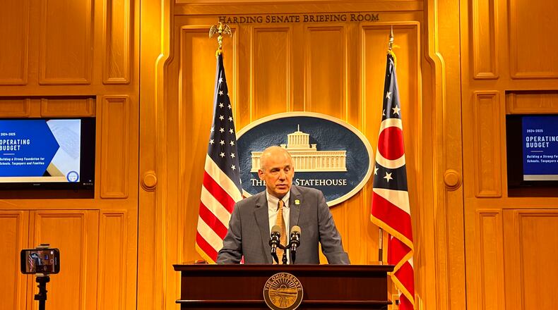 Ohio Senate President Matt Huffman, R-Lima, speaks to reporters after introducing the Senate's proposed budget for fiscal years 2024 and 2025.