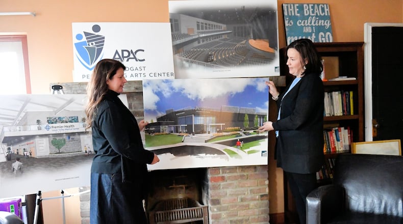 Barbara Summer, left, and Jessica Echols of the Arbogast Performing Arts Center project staff talk about the plans for the regional center in Troy and the status of a $7 million fundraising campaign. CONTRIBUTED PHOTO