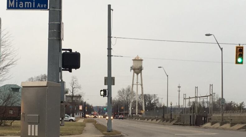 The scope of West Carrollton’s strategic plan for its Olde Downtown area spans Central Avenue from Miami Avenue to Elm Street, where the water tower is located. NICK BLIZZARD/STAFF